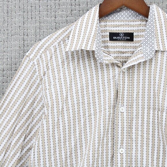 Bugatchi UOMO Shirt Mens Medium M Beige Striped Button Down Long Sleeve Collared - Picture 3 of 10